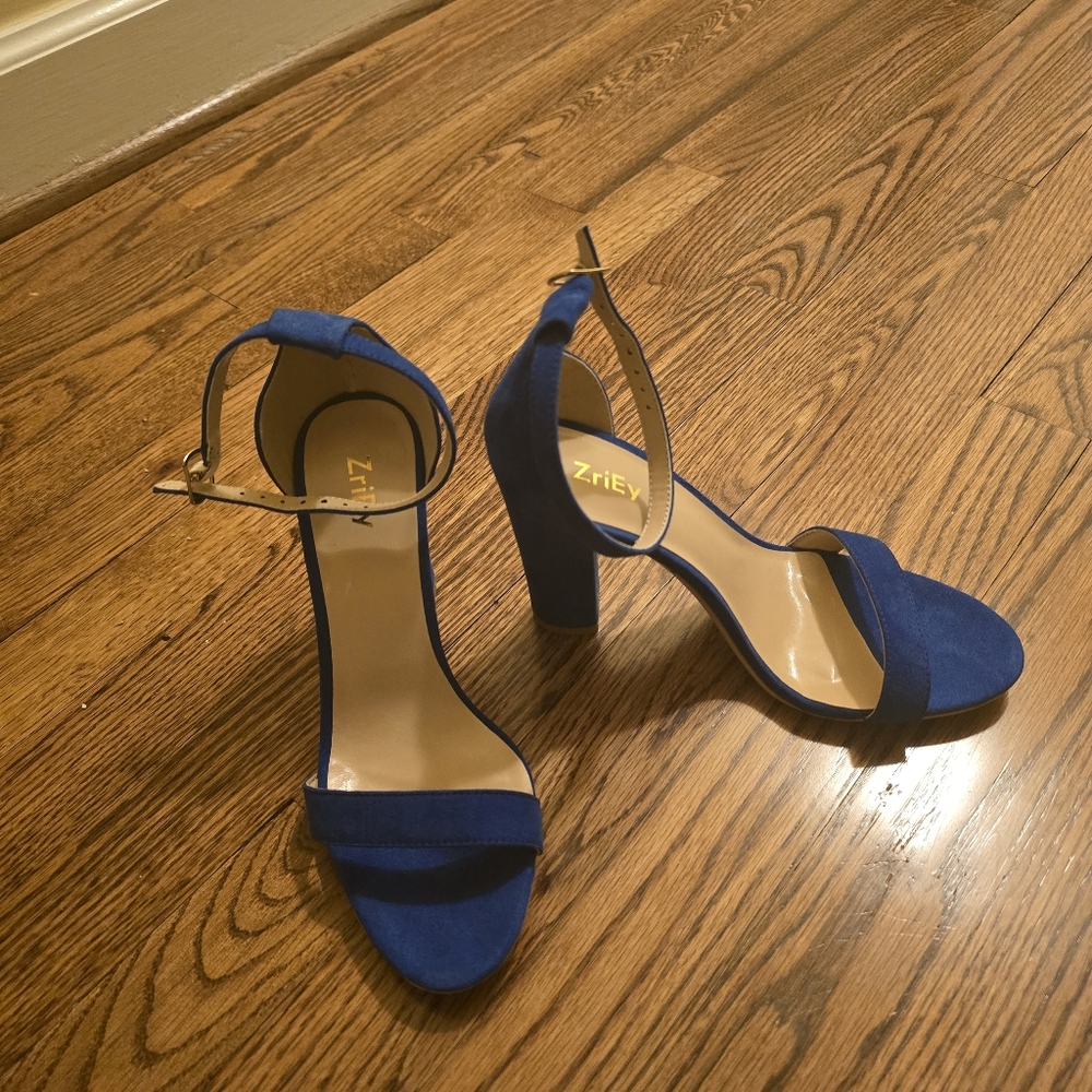 Women's Blue Ankle Strap Heels- (Faux Suede) Sz8